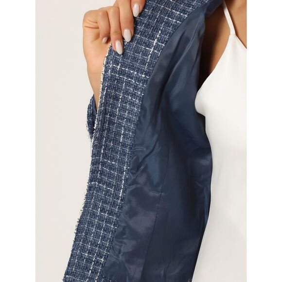 Plaid Tweed Blazer Long Sleeve Open Front Workwear Short Jacket Dark Blue - Picture 5 of 6